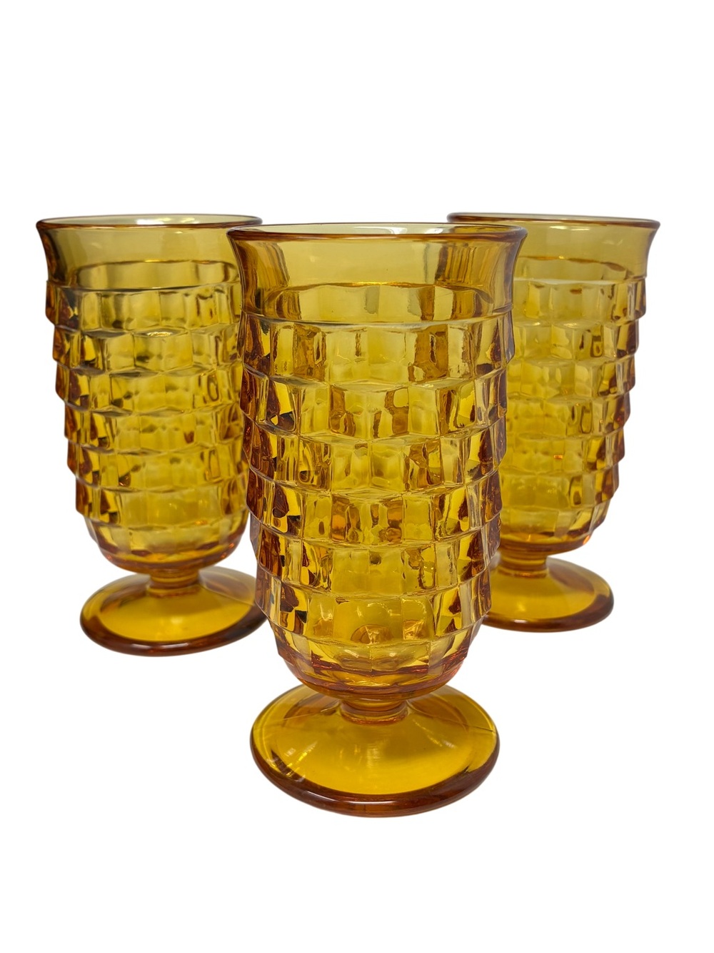 Vintage Indiana Glass Colony Whitehall Cubist Amber 5” Parfait Glasses Set Of 3